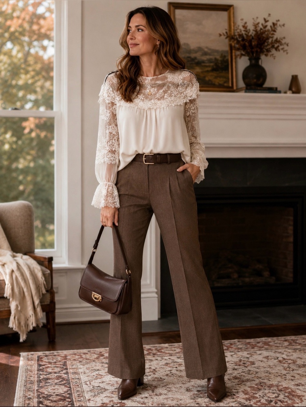 Elie Tahari Ivory Silk With Lace Yoke Blouse
